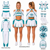 Uniforme de Porristas Personalizado, Blanco y Verde Azulado, con Pedrería, Cuello de Rejilla, Hombros Descubiertos, Espalda en X, Top Corto de Manga Larga y Falda Plisada