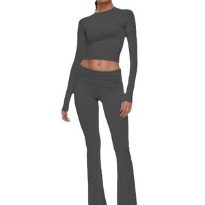 Wholesale Women T Shirt Pants <b>Set</b> Crew Neck Low Waist Flare Leg Regular Fit Casual Streetwear Outfit Private Label Custom - Product Image 4