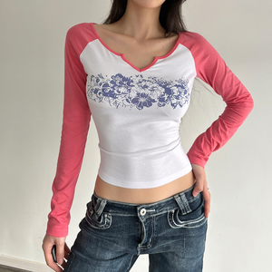 Camiseta de manga larga con estampado gráfico de números y bloques de color para mujer, ropa informal de calle, top básico - Product Image 5