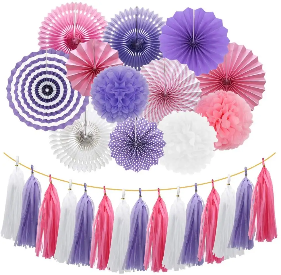 Pink Purple Blue Red Yellow Party Decorations Hanging Paper Fans Pom Poms Flowers Tissue Tassel Garland