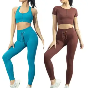 Atasan bra olahraga wanita, tshirt atasan pinggang tinggi celana pendek legging tanpa kelim yoga gym kebugaran set dua potong pakaian 2024 produk baru