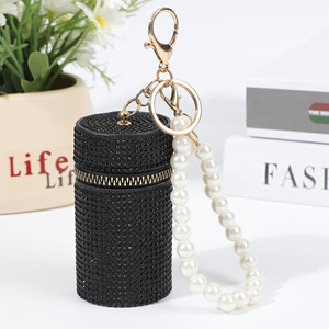 Nouvelle Pochette à Rouge à Lèvres Cylindrique Mini en PU avec Strass, Trousse à Monnaie Portable Simple et Tendance pour Femme avec Fermeture Éclair et Porte-clés - Product Image 5