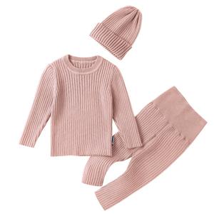 Set Invernale Unisex Pronto per la Spedizione, Completo a Maglia con Maniche Lunghe e Pantaloni Lunghi, Set di 3 Pezzi con Maglione a Coste per Bambini, Motivo Tinta Unita - Product Image 2