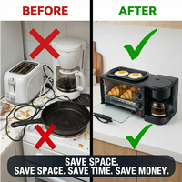 Station petit-déjeuner multifonctionnelle 3-en-1 : grille-pain électrique, cafetière et poêle à frire - Appareil électroménager en acier inoxydable