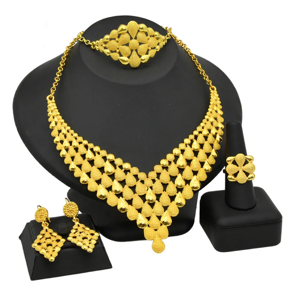 Dubai Indian Luxe Grote Hanger Vergulde Ketting En Oorbellen Sieraden Sets Bruids Sieraden Geschenken 24K