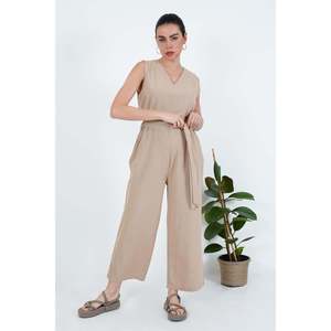 Lustrin Women's Mink Cotton Blend <b>Jumpsuit</b> <b>with</b> Back Zipper, Belted Waist, Wholesale Fashion Overall for Ladies - Product Image 1