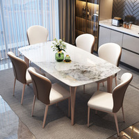 Hanyee Table à manger rectangulaire de luxe 6 meubles de maison de style italien pieds en acier au carbone décor en marbre matériau en métal durable