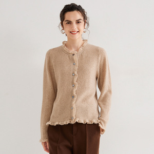 Cardigan <span class=keywords><strong>in</strong></span> Cashmere pettinato personalizzato da donna <span class=keywords><strong>con</strong></span> rifinitura <span class=keywords><strong>in</strong></span> <span class=keywords><strong>pizzo</strong></span> <span class=keywords><strong>maglia</strong></span> <span class=keywords><strong>in</strong></span> filato lucido maglione <span class=keywords><strong>in</strong></span> Cashmere aperto di colore solido - Product Image 1