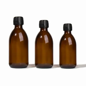 Botol sirup batuk ramping kosong bundar Amber, 200ml 250ml 300ml 500ml kustom dengan tutup plastik