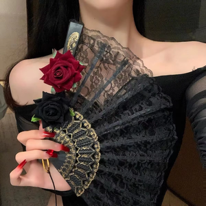 Abanico de mano vintage español de <span class=keywords><strong>flamenco</strong></span> con encaje de rosas, elegante abanico plegable negro para fiestas y bodas - Product Image 2