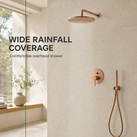 Ensemble de douche pluie en céramique finition or rose avec douchette à main, flexible de douche et support mural