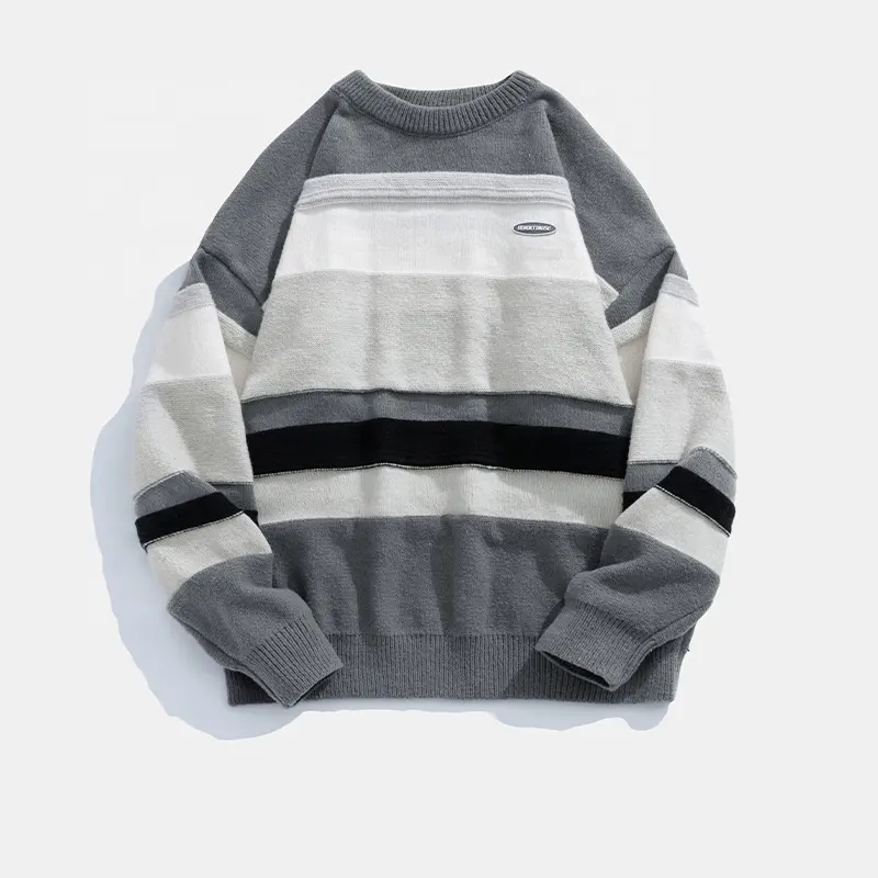 Fashion Retro Striped Men's Clothing Crew Neck Color Matching Men Pullover Knitted Sweater For Spring Autumn