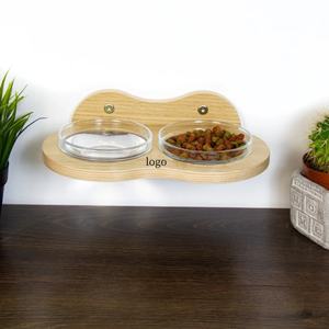 Tempat Makan Hewan Peliharaan Dinding dengan Logo Kustom, Mangkuk Kayu dengan 2 Mangkuk Kaca untuk Kucing Anjing - Product Image 5