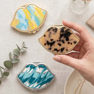 Lip Shaped Compact <b>Mirror</b> Acetate <b>Acrylic</b> Inlay Double Sided Glass Premium Metal Frame Pocket Makeup <b>Mirror</b> Blue - Product Image 4