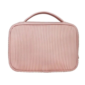 Custom Large Capacity Striped Pattern PU Leather Travel <b>Makeup</b> Bag Portable Cosmetic <b>Storage</b> Pouch with Zipper <b>for</b> Women - Product Image 4