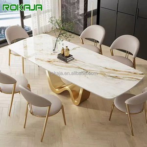 Juego de mesa de comedor moderno de piedra sinterizada, muebles de comedor, mesa de cena con Base de <span class=keywords><strong>Metal</strong></span> dorado, mesa de comedor familiar de 4, 6 y 8 plazas - Product Image 1