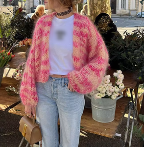 <span class=keywords><strong>Cardigan</strong></span> Corto da <span class=keywords><strong>Donna</strong></span> in Mohair Lavorato all'Uncinetto, Moda Autunnale Casual Streetwear, a Righe <span class=keywords><strong>Rosa</strong></span>, Maniche Lunghe a Lanterna e Vestibilità Ampia - Product Image 3