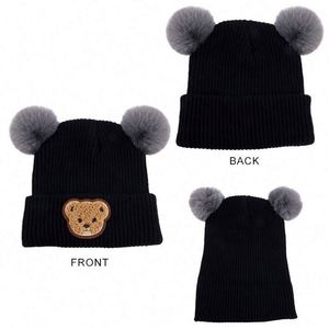 Gorro de Invierno Personalizado al por Mayor con Doble Pompón, para Bebés de 0 a 5 Años, Unisex, Cálido, de Punto, con Forro Polar, Estilo Slouchy, con Diseño de Oso - Product Image 3