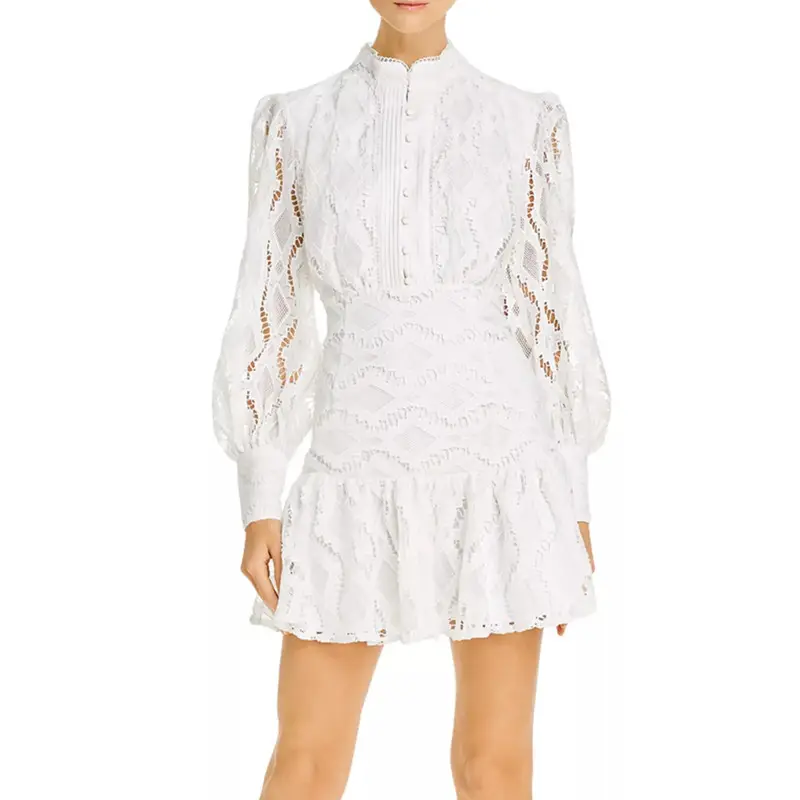 Woman Dresses New Arrival Long Puff Sleeve White Lace Ruffles Fitted Striped Women Casual Mini Lace Dress