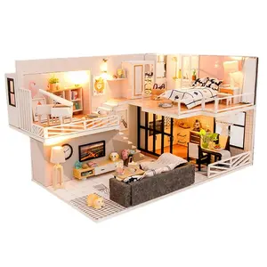 Grosir rumah miniatur kit diy-Model Rumah Boneka, Popi Kit Mebel Lampu LED Kayu DIY Buatan Tangan