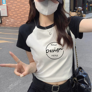 Deux couleurs dames basique manches raglan Crop hauts t-shirt brodé blanc encolure ronde bébé t-shirt femmes taille unique t-shirt - Product Image 6