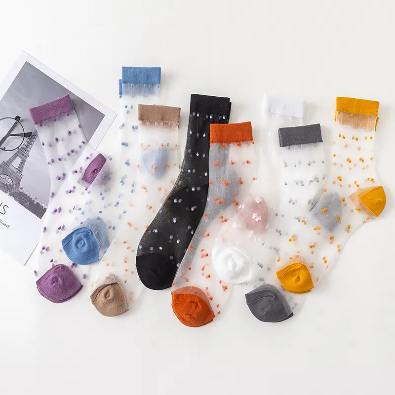 2020 Summer Ankle Sock High Quality Fashion Dots Silk Glitter Star Soft Crystal Sock Transparent Elastic Lace Sheer Socks Women