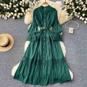 Abito Estivo Chic da Donna in Pizzo di Lusso con Ampia Gonna, Maniche a Lanterna, Monopetto con Cintura, Stile Francese per Spiaggia e Feste Serali - Product Image 4