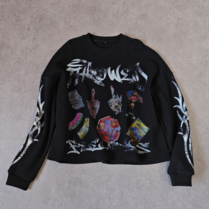 Streetwear <span class=keywords><strong>nera</strong></span> felpa grafica con stampa Dtg <span class=keywords><strong>termica</strong></span> personalizzata cotone Oversize Waffle camicie a maniche lunghe per gli uomini - Product Image 1