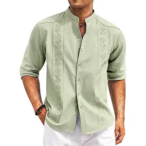 Chemises en lin décontractées pour hommes Guayabera cubaine Chemise de plage à manches longues T-shirts boutonnés sans col
