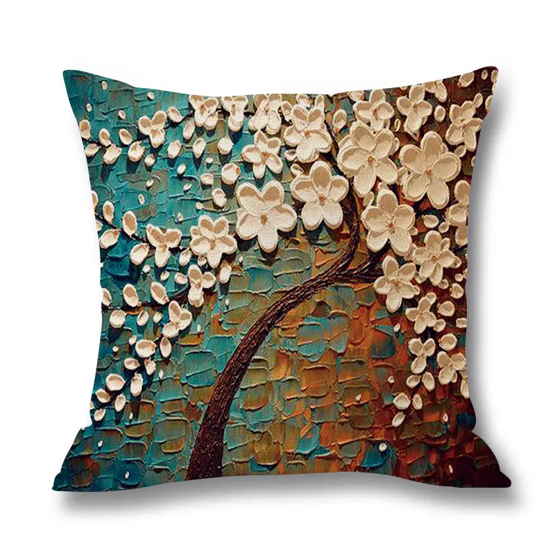 Wholesale Luxury Oil Painting Tree Print Modern Linen Square Pillow Cover Sofa Bed Cushion Cushion