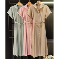 Robe décontractée et élégante à col cranté, plissée, en polyester uni ; Chic, mi-longue, taille haute, coupe ample