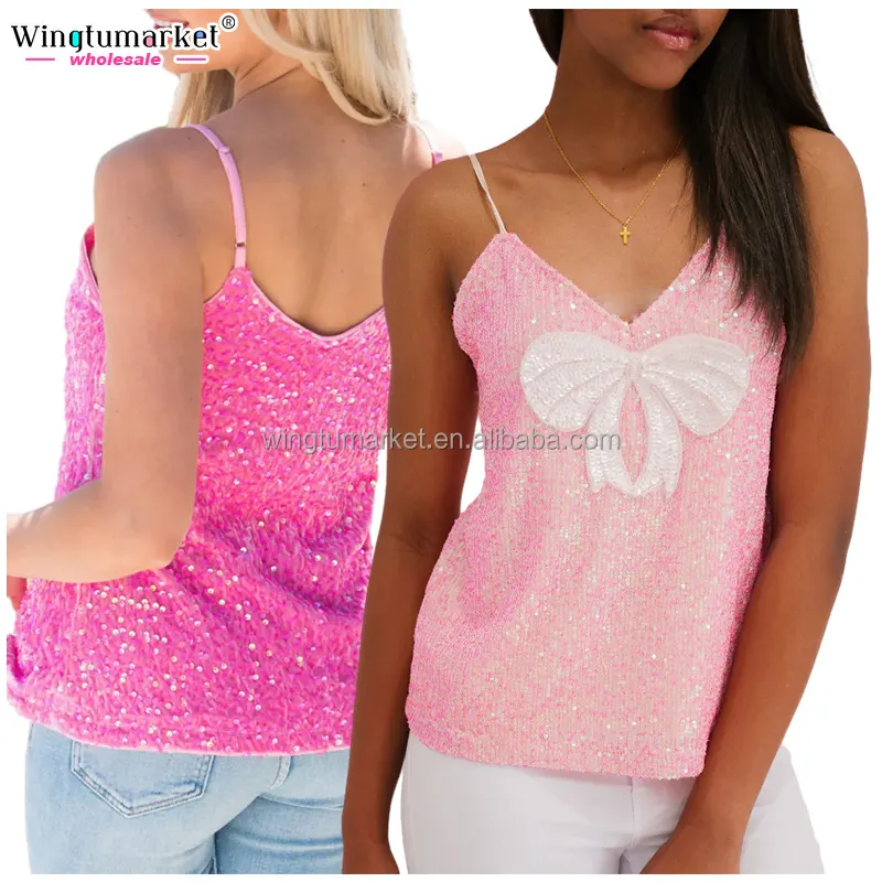 Custom bow strappy tank top summer pink camisole v neck spaghetti straps sparkle sequin cami top for women