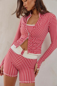 Plaid Red Gingham 3 Piece Yoga <b>Set</b> <b>Square</b> Neck Spaghetti Strap High Waist Shorts Contrast Breathable Cotton Spandex Fitness - Product Image 3