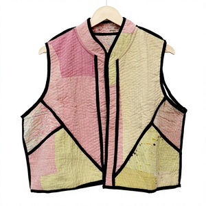 Chaleco Vintage para Mujer con Parches, Cuello Mandarín, Bloques de Color, Diseño Empalmado, Largo Regular - Product Image 1