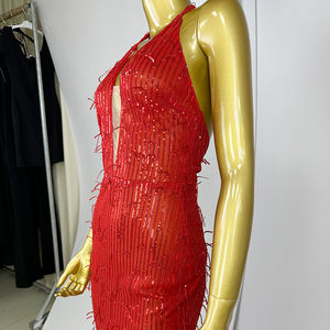 Gaun Formal berpayet merah wanita, gaun pesta koktail pengiring pengantin lengan tunggal elegan untuk <span class=keywords><strong>Prom</strong></span> gaya klub musim panas - Product Image 6