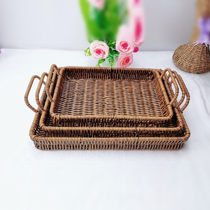 Rectangular <b>Plastic</b> Rattan Basket Stackable Storage Tray For Fruit Bread Snack Display - Product Image 2