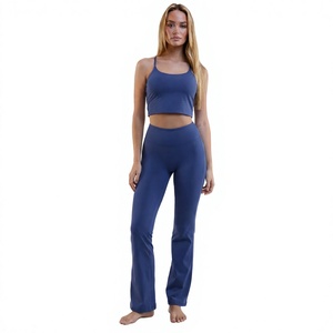 2 Piece Yoga Set High Waist Leggings Scoop Neck <b>Crop</b> <b>Top</b> Spaghetti Strap Solid <b>Blue</b> Seamless Workout Wear - Product Image 1