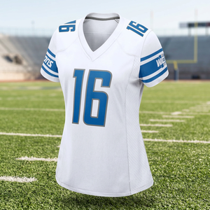Maillot de football blanc à col en V pour femme des Lions, numéro 16, sublimé, anti-humidité, ajusté, à manches courtes - Product Image 3