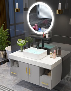 35in gris Gran hotel accesorios de baño MDF tocadores con tapa de mármol y contra de cerámica lavabo espejo <span class=keywords><strong>armarios</strong></span> - Product Image 3