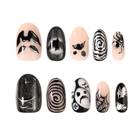 Uñas Postizas de PMMA con Diseño de Telaraña de Araña y Murciélago de Halloween, Estilo Francés en Espiral, Forma de Almendra, Color Negro y Blanco, Personalizables, para las Fiestas