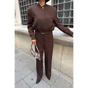 Conjunto de Traje de Crepé Premium para Mujer, Color Marrón Claro, Manga Larga, Casual, Otoñal, Transpirable - Product Image 5