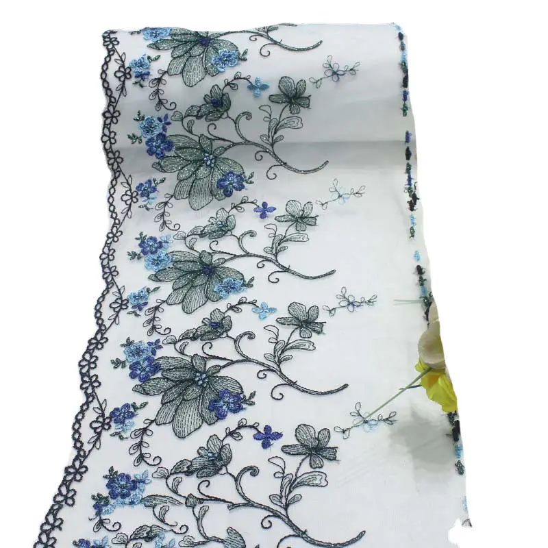 Schöne große Blumen Blue Mesh Bottom Lace Unterwäsche Höschen Zubehör Keine elastische Stickerei Frauen Spitzen besatz 19cm