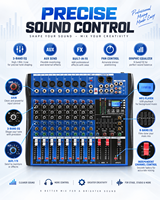 Console de mixage audio professionnelle 8 canaux avec Bluetooth, lecteur MP3 USB, alimentation fantôme 48V et égaliseur 3 bandes pour scène, KTV et système de sonorisation