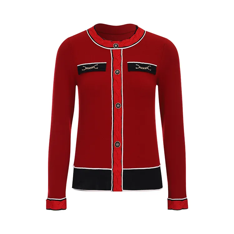 Knitwear manufacturer custom winter red round collar long sleeved cardigan cashmere sweater women