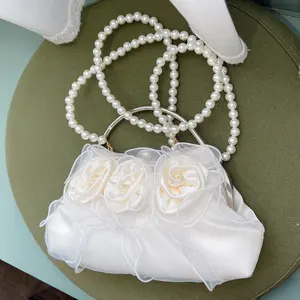 RB110 2024 wholesale fairy pearl handle silk white rose flower crossbody bags fancy women evening banquet bag