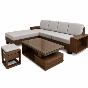 Modern L Shaped Wooden <b>Sofa</b> Set with Grey Cushions Storage Coffee Table and Ottoman Living Room Furniture - Product Image 1