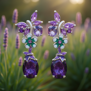 Orecchini Pendenti E710 con Fiore Viola in Argento 925, Gioielli da Festa per Donne con Gemma Viola Incastonata - Product Image 2