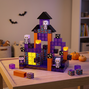 Blocs de construction magnétiques d'Halloween 120 pièces, blocs citrouille qui brillent dans le noir, ensemble de briques de ville fantôme - Product Image 3