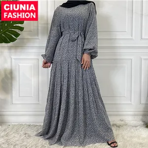 6527* Elegant Small Floral Printed Chiffon Abaya Dress with Full Lining Muslim Maxi Dresses Women Islamic Clothing