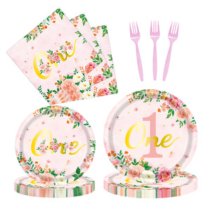 Ensembles de fournitures pour fête d'anniversaire de 1 an, assiettes en papier rose à bordure fleurie, gobelets pour l'anniversaire d'une fille - Product Image 1